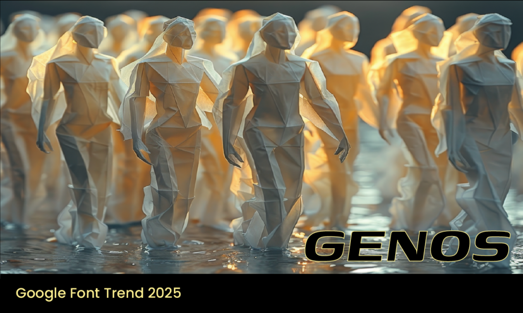 A group of glowing, geometric human figures made from folded paper walking in unison on a reflective surface, symbolizing futuristic design and modernity. The word "GENOS" appears boldly in a stylized font with the caption "Google Font Trend 2025".